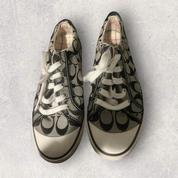 COACH BARRETT LOW-TOP CANVAS LOGO SNEAKERS, GRAY-BLACK, LEATHER TRIM, SZ 8.5 - Picture 2 of 15